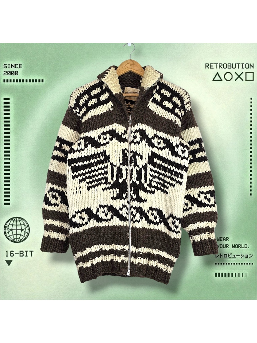 Vintage 80s Cowichan Eagle Zip Up Wool Knit Sweater Brown Size M
